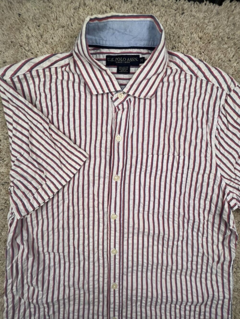 U.S. Polo Assn Men's Striped Red White Short Sleeve Button Up Shirt Size Medium